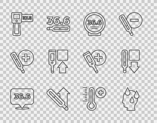 Set line Medical thermometer, High human body temperature, Digital, Meteorology and icon. Vector