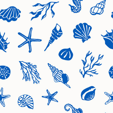 Blue sea life and shells seamless vector pattern