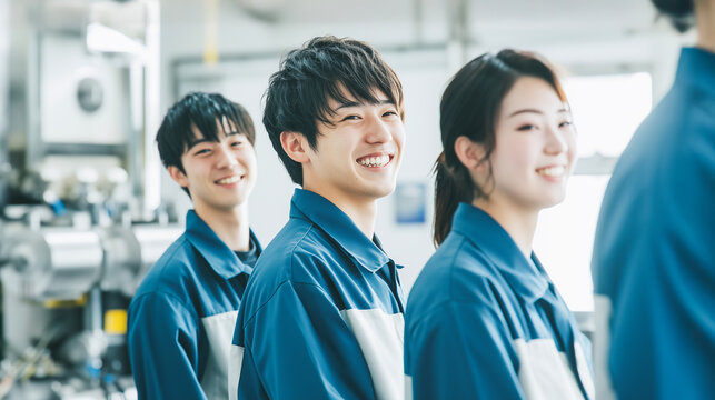 Oriental men and women in work clothes standing side by side smiling indoors..