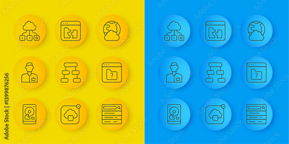 Poster set line hard disk drive hdd, analyst engineer, hierarchy organogram chart, search, file missing, cl