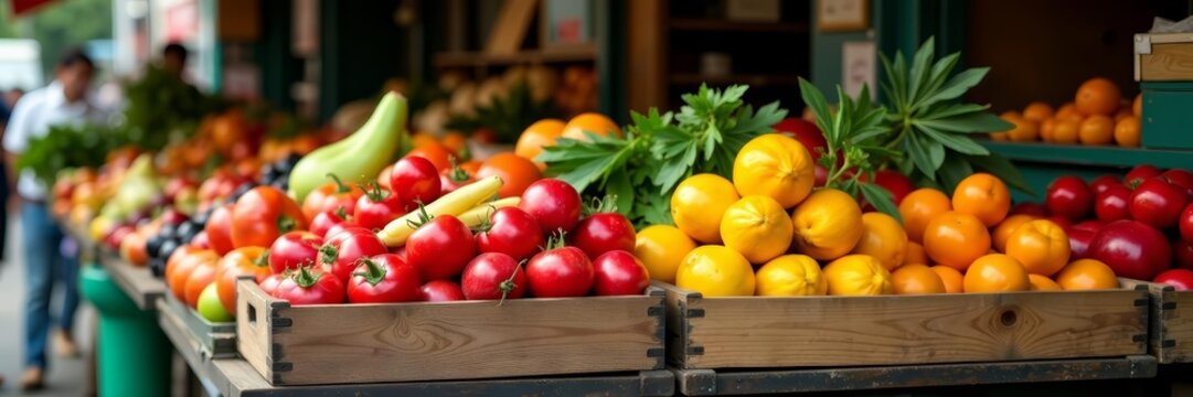 Variety of colorful fruits and vegetables stacked on wooden crates at outdoor street market, market, fresh, vegetables