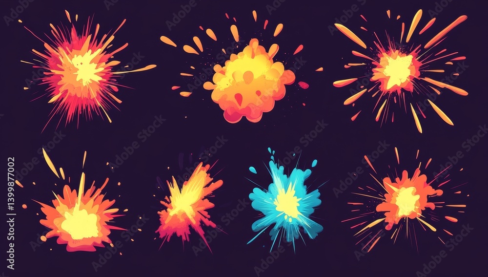Poster colorful dynamic paint splashes. collection of vibrant, stylized explosion effects. features various