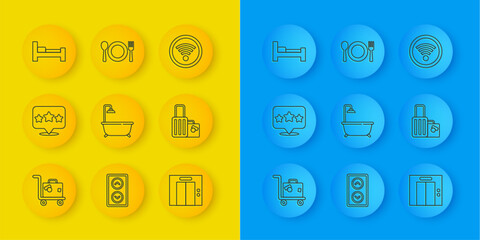 Set line Suitcase, Five stars rating review, Bathtub with shower, Lift, Hotel room bed, Wi-Fi wireless and Plate, fork and knife icon. Vector