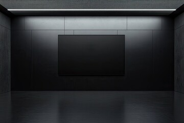 Dark Room With Blank Black Screen On Concrete Wall
