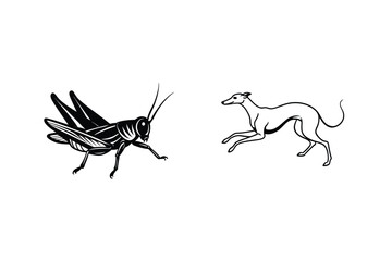 Silhouette Of A Grasshopper And Greyhound Dog Isolated On White Background