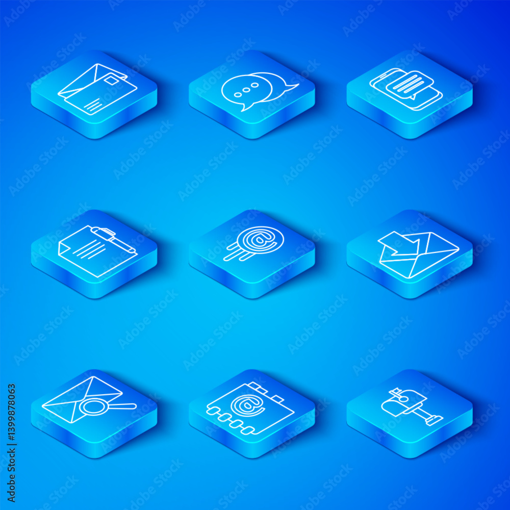 Poster set line envelope with magnifying glass, mail and e-mail, address book, chat messages notification o