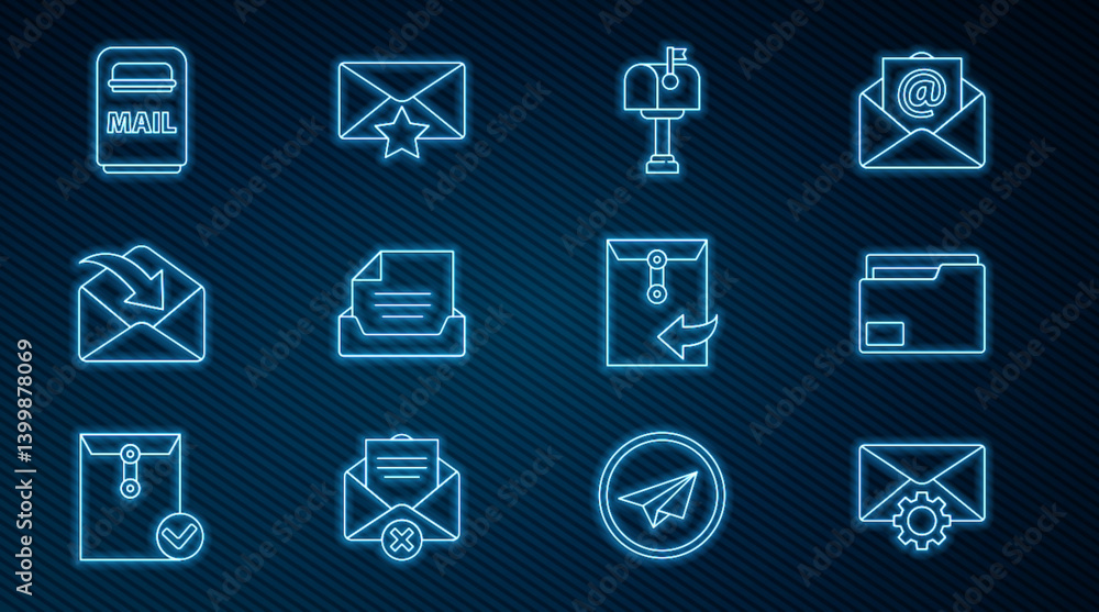 Aufkleber set line envelope setting, document folder, mail box, drawer with document, and star icon. vector