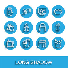 Set line Retro tv, Socks, Medicine bottle and pills, Walker, Knitting, Sport expander, Dumbbell and icon. Vector