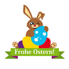 Frohe Ostern Banner mit einem lustigen Osterhasen und bemalten Eiern