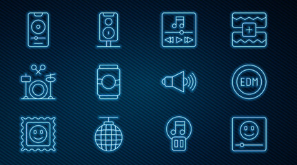 Set line Music player, EDM electronic dance music, Beer can, Drums, Speaker volume and Stereo speaker icon. Vector