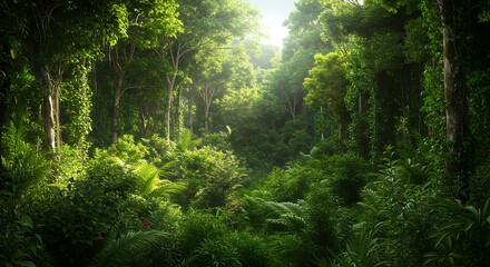 Fototapeta premium Lush Green Jungle with Sunlight Streaming Through the Canopy