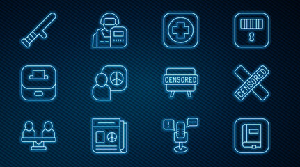 Set line Law book, Censored stamp, Hospital signboard, Peace talks, Vote box, Police rubber baton, and officer icon. Vector