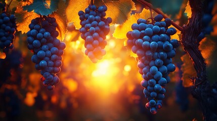 Autumn vineyard grapes at sunset