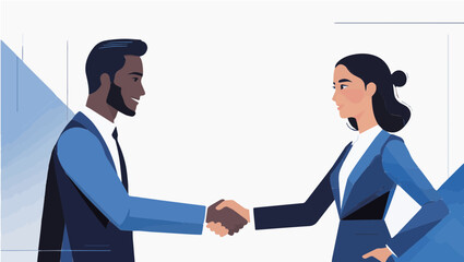 Fototapeta premium Two confident business people, one male and one female, with diverse skin tones, shaking hands in a professional and respectful manner