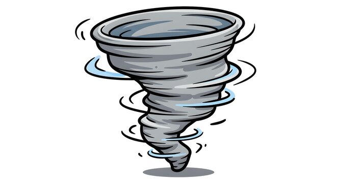 Cartoon tornado vector with swirling funnel, bold outlines, smooth curves, playful style, and dynamic motion.