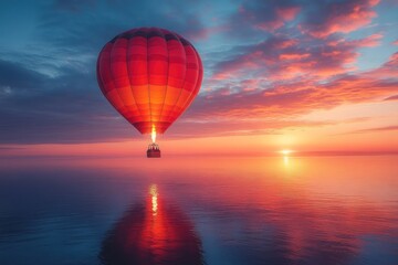 Fototapeta premium Colorful hot air balloon floats over tranquil sunrise sea
