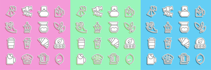 Set line Lemon, Tea leaf, Kettle with handle, French press, in, bag and Teapot icon. Vector