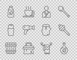 Set line Sauna bucket, Essential oil bottle, Man in the sauna, brush, Hair dryer, Towel on hanger and Honey dipper stick icon. Vector