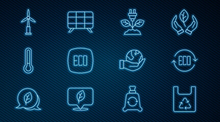 Set line Shopping bag with recycle, Leaf Eco symbol, Electric saving plug leaf, Thermometer, Wind turbine, Hand holding Earth globe and Solar energy panel icon. Vector