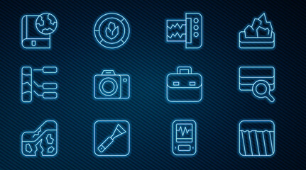 Set line Ground, Soil analysis, Seismograph, Photo camera, Earth globe and book, Briefcase and icon. Vector