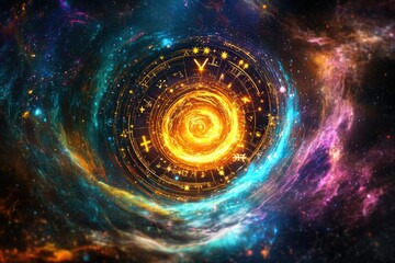 Obraz premium High energy astrological vortex with swirling colors and zodiac runes
