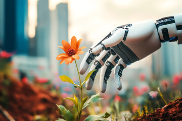 Robot hand gently touching orange flower in blooming garden futuristic nature harmony artificial intelligence and environmental consciousness concept