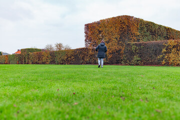 A woman is walking through the green park under the summer sky