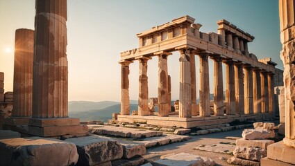 Fototapeta premium As the sun sets, it casts a beautiful glow over the Parthenon, located on the Acropolis in Athens, Greece