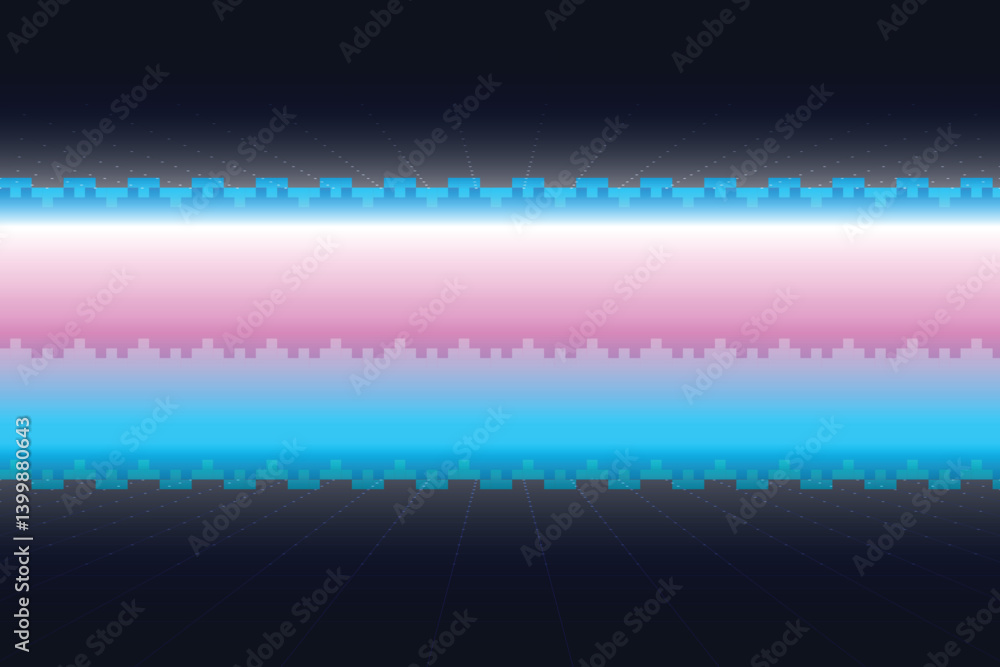 Poster retro cyberpunk style 80s game scene pixel art 8-bit sci-fi background. glowing neon grid and stars 
