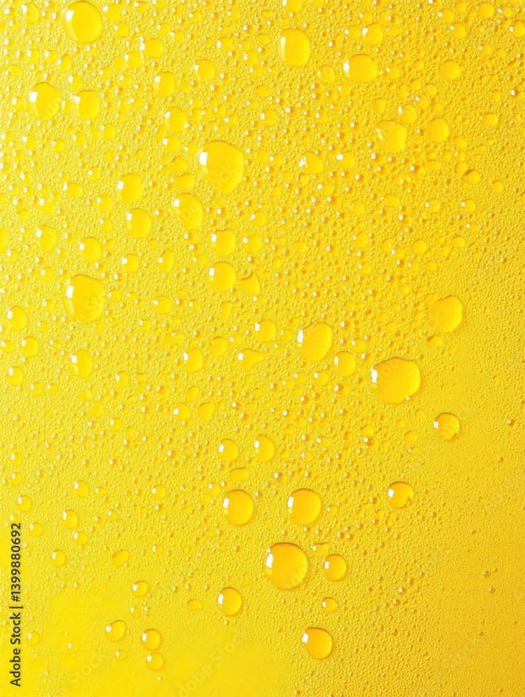 Poster sparkling yellow surface with glistening water droplets reflecting light creating a refreshing and v