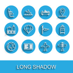 Set line Worldwide, Airport board, Airplane seat, Plane, Parachute, Suitcase and Cone meteorology windsock wind vane icon. Vector