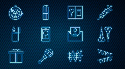 Set line Carnival garland with flags, Dart arrow, Greeting card, Mobile birthday message, Lighter, Classic dart board, Invitation and Gift box icon. Vector