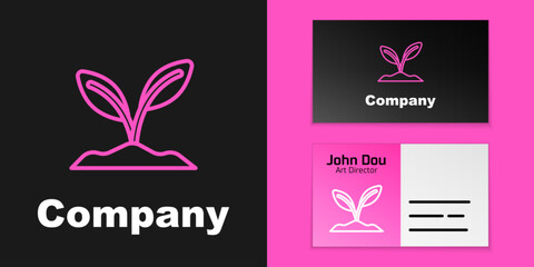 Pink line Sprout icon isolated on black background. Seed and seedling. Leaves sign. Leaf nature. Logo design template element. Vector
