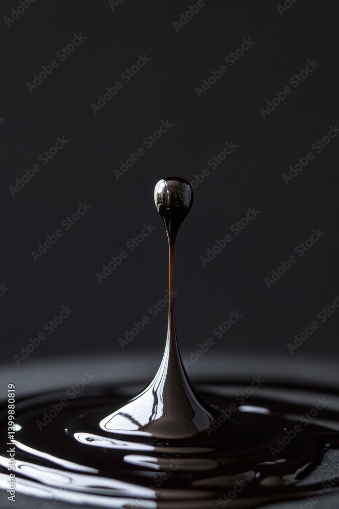 Poster captivating close up of a dark liquid drop suspended in air against a black background creating a mo
