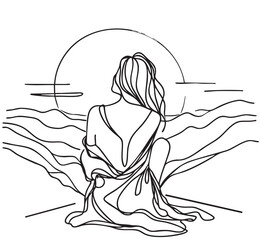 Line sketch silhouette woman in linen clothes, mental wellness, relax in mountains