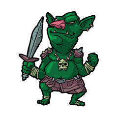 Cartoon Goblin Character Vector – Funny Green Fantasy Creature with Big Ears and Sharp Teeth