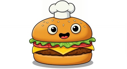 Cartoon Burger Character Wearing a Chef Hat Illustration
