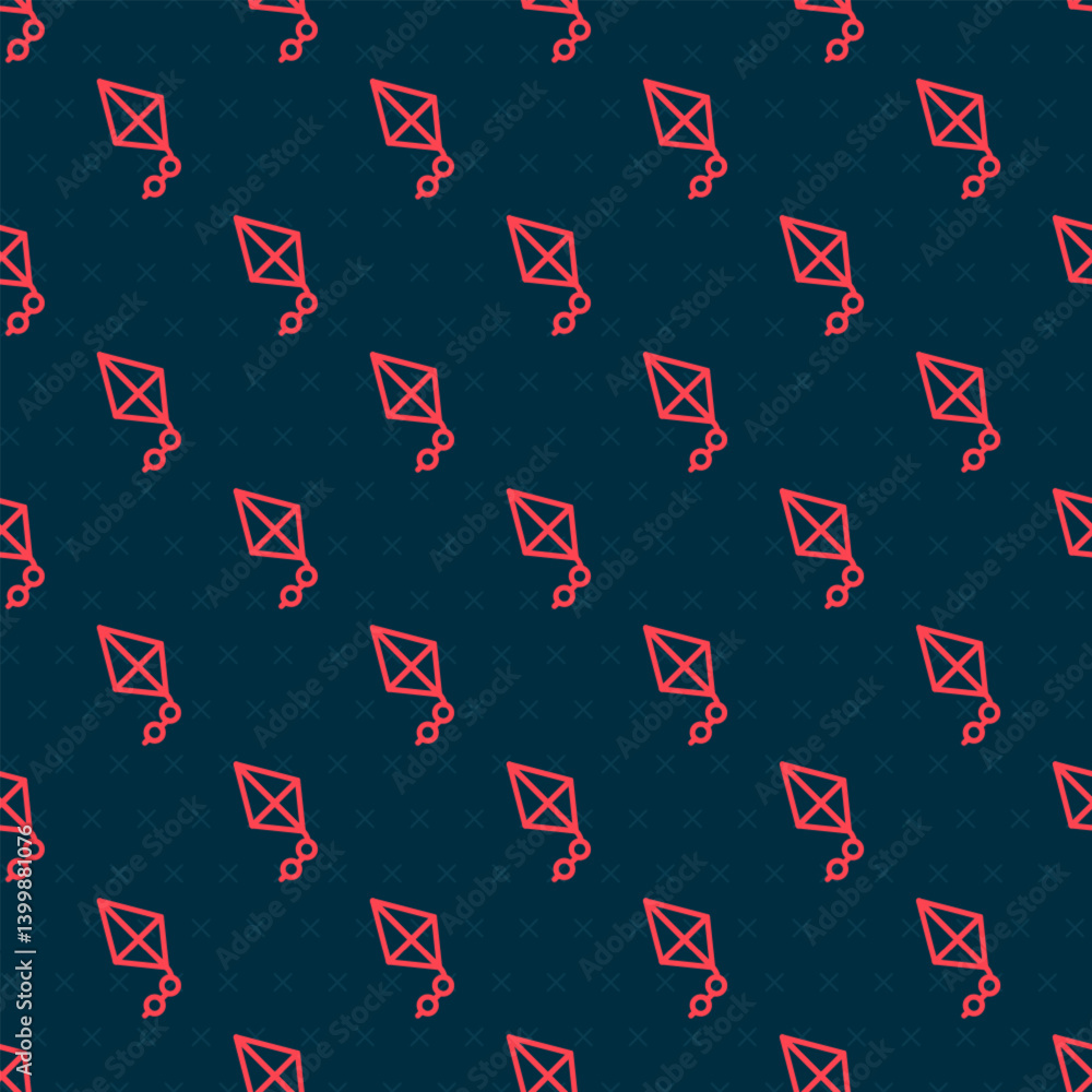 Poster red line kite icon isolated seamless pattern on black background. vector
