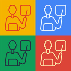 Pop art line Teacher icon isolated on color background. Vector