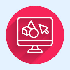 White line 3D printer software icon isolated with long shadow. 3d printing. Red circle button. Vector