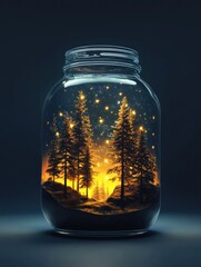 Glowing pine trees and stars create a magical forest inside a glass jar
