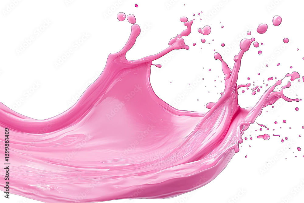 Poster a vibrant splash of pink liquid creating dynamic shapes and droplets against a white background emph