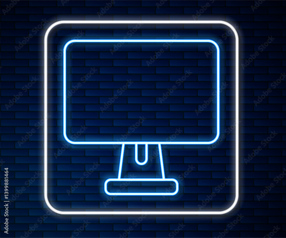 Poster glowing neon line computer monitor screen icon isolated on brick wall background. electronic device.