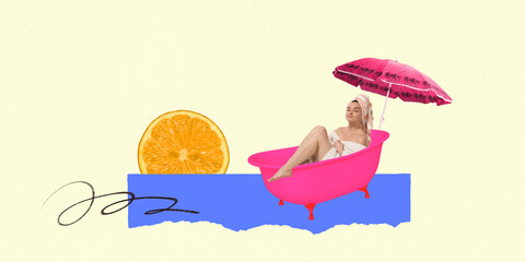 Young woman relaxing in pink bathtub with towel and umbrella beside orange slice on blue abstract sea. Dreams about vacation. Contemporary art collage. Concept of surrealism, summer, imagination