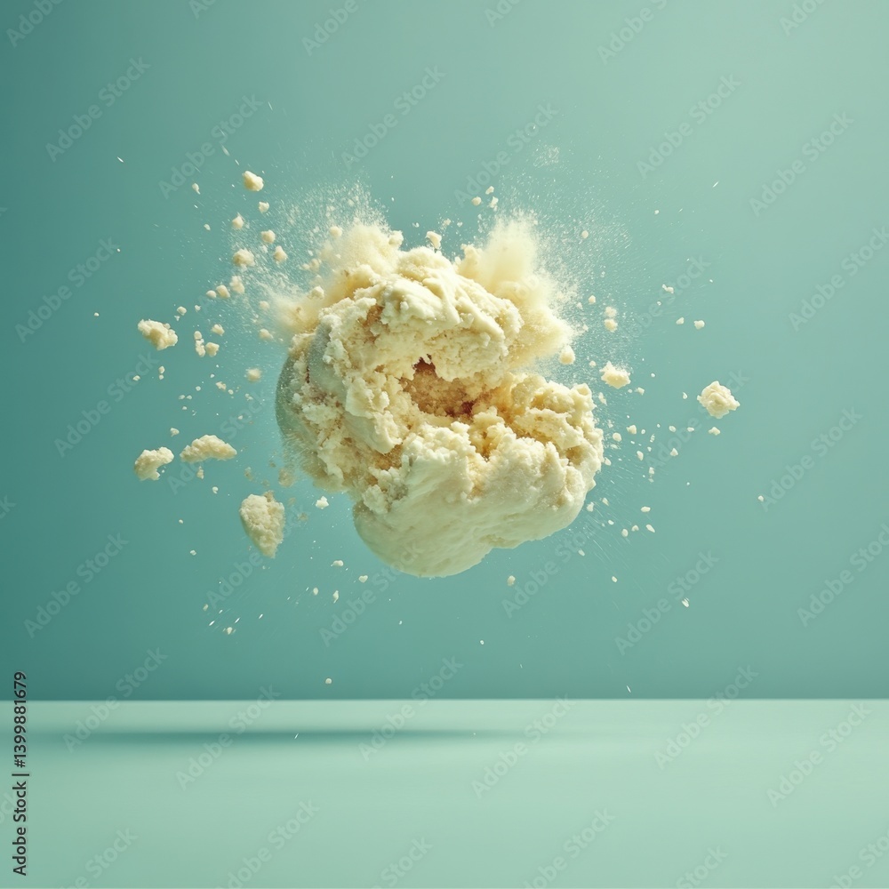 Poster captivating vanilla ice cream explosion against a serene teal backdrop a culinary symphony of textur