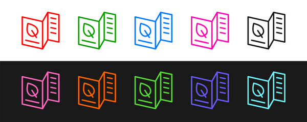 Set line Vegetarian food menu icon isolated on black and white background. Vegan food menu for restaurant and cafe. Vector