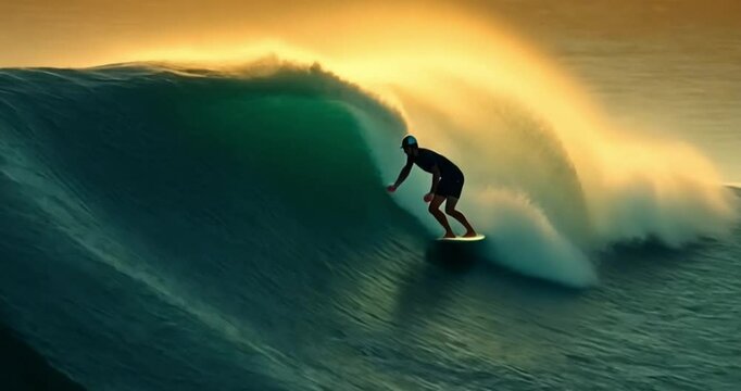 Surfer on blue ocean wave getting epic barrel, Surfing extreme sport, 4k Slow motion