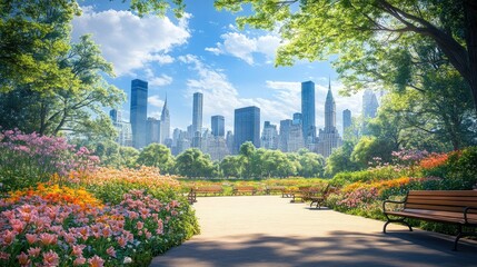 Lush park path leads to a vibrant city skyline