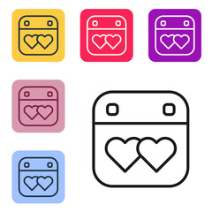 Black line Calendar with heart icon isolated on white background. Valentines day. Love symbol. February 14. Set icons in color square buttons. Vector