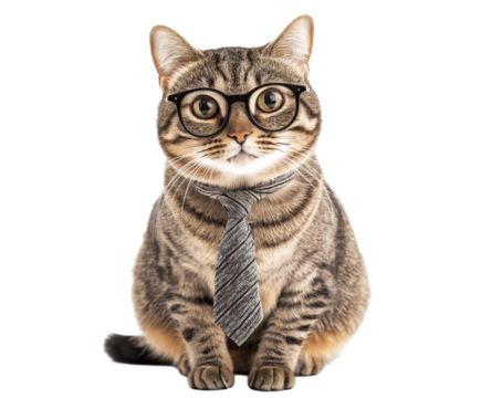 Tabby cat wears glasses tie. Smart business cat look for business projects. Business.
